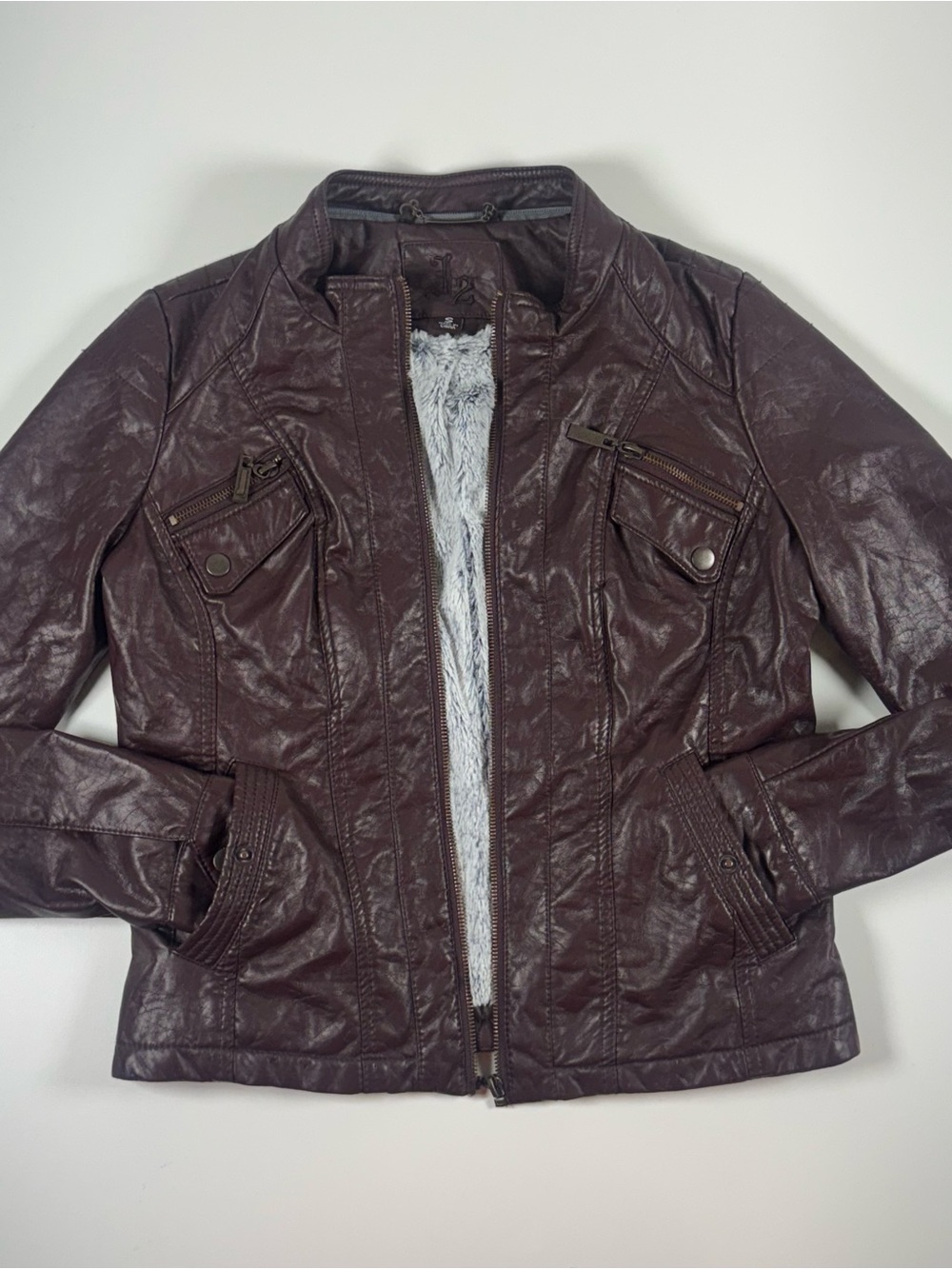 Women's Faux Leather Moto Jacket with Sherpa Lining - Deep Plum